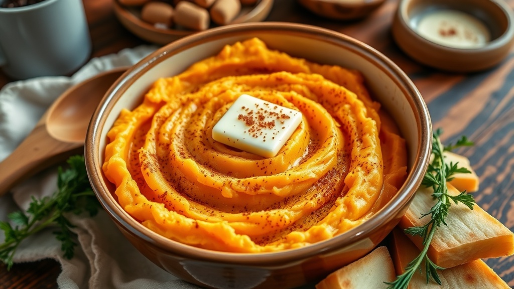 Creamy Mashed Sweet Potatoes with a Hint of Cinnamon Creamy mashed sweet potatoes with cinnamon and butter in a rustic bowl, set in a warm kitchen.